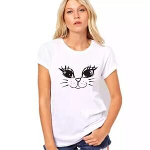 BRAND NEW Ladies White CAT T-Shirt ~ Black Cat ~ NWT ~ Size SMALL